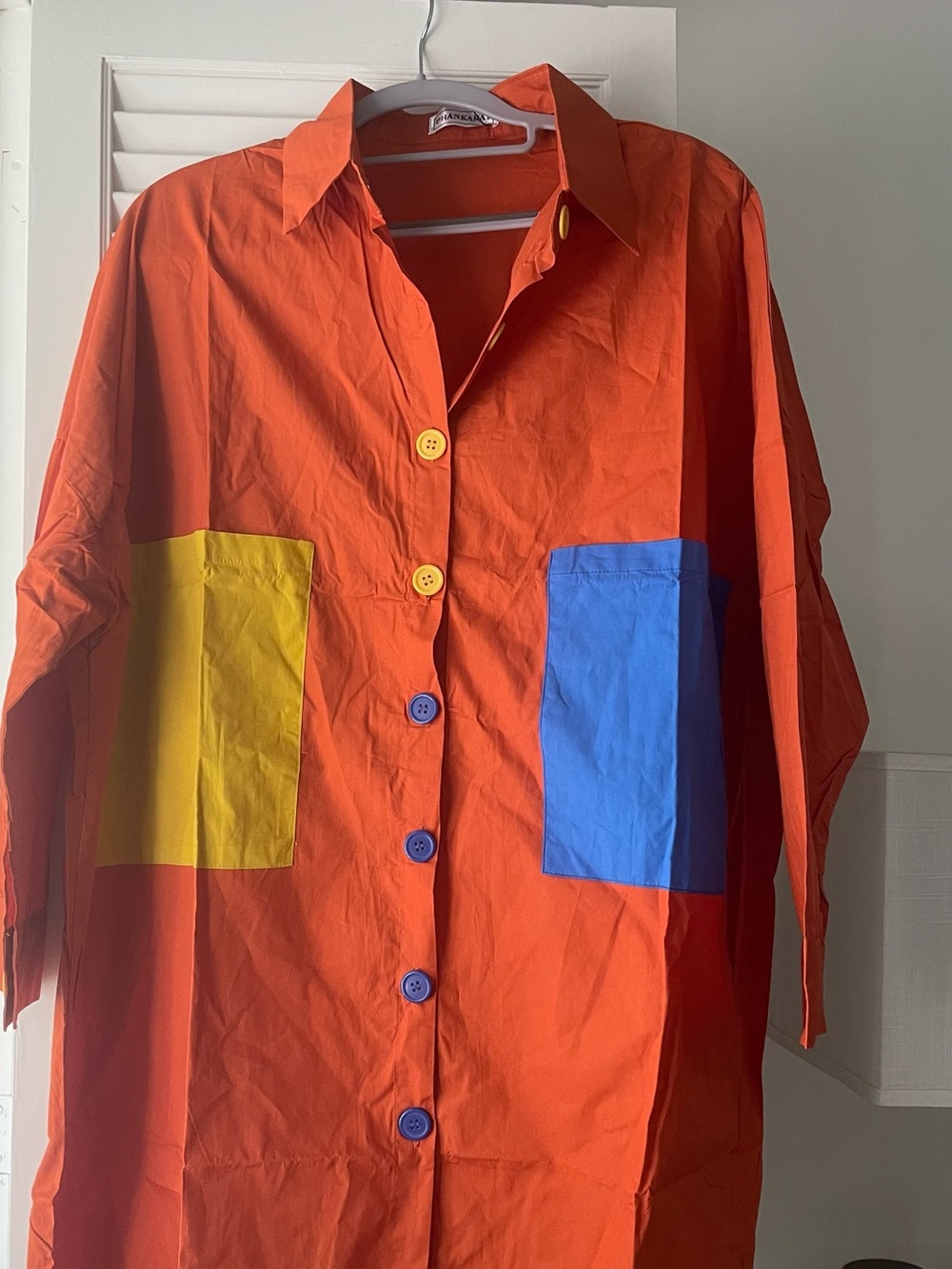 Colorblock Button-Front oversized polo  with Yellow & Blue Pockets